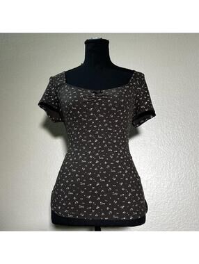 Brown Floral Ribbed Top Coquette Baby Tee Y2K Soft Girl Fitted